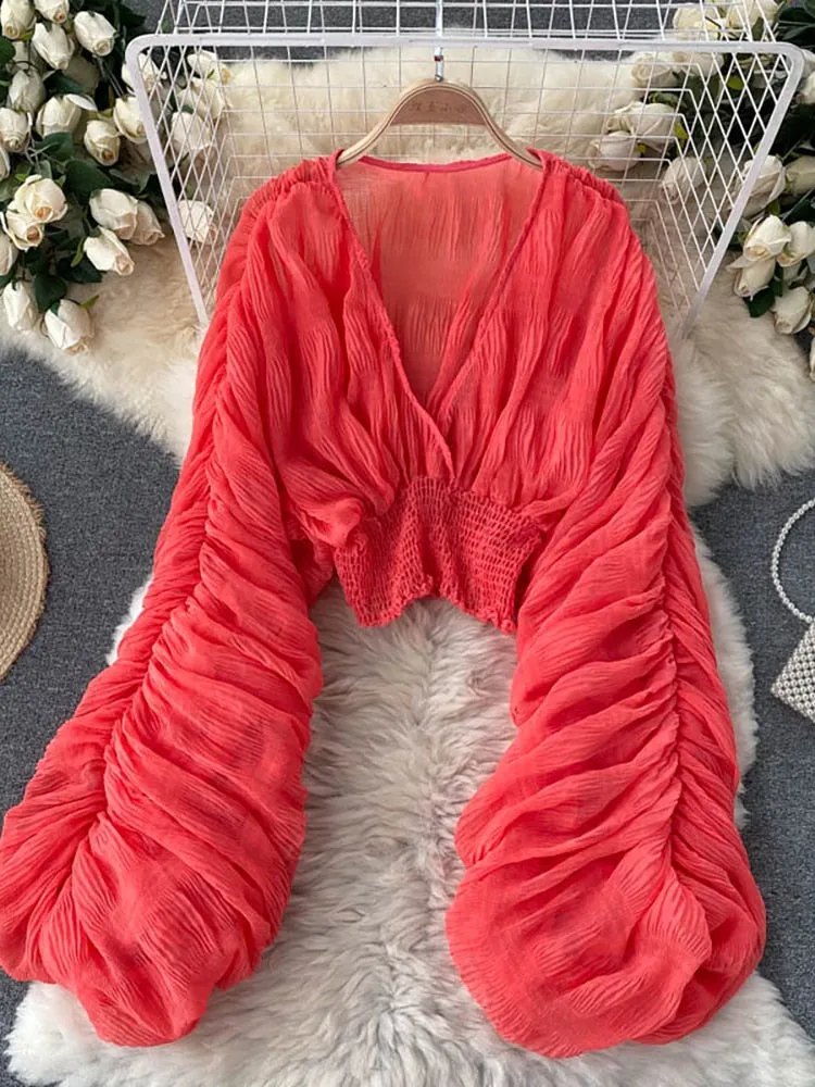 Draped Chiffon V-Neck Puff Long Sleeve Tops