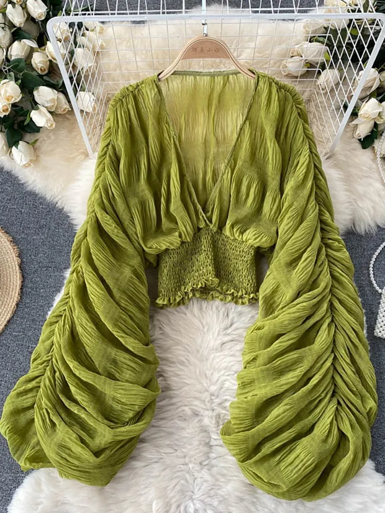 Draped Chiffon V-Neck Puff Long Sleeve Tops
