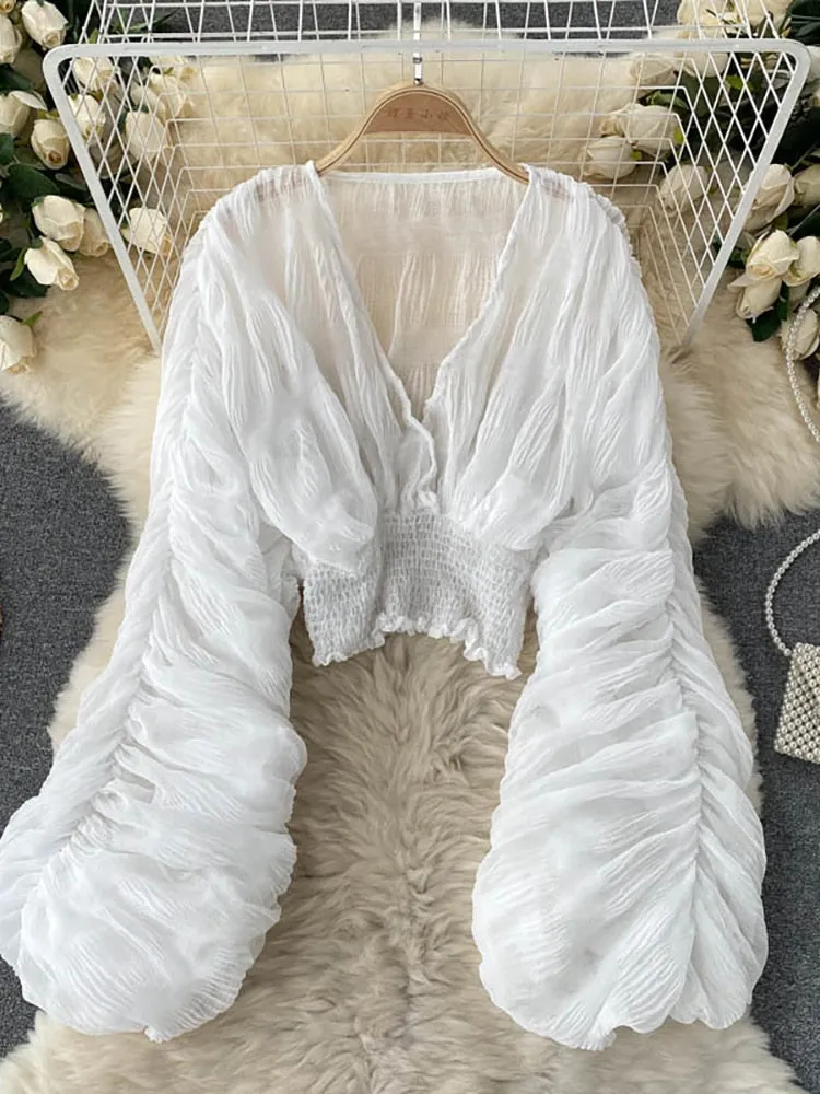 Draped Chiffon V-Neck Puff Long Sleeve Tops