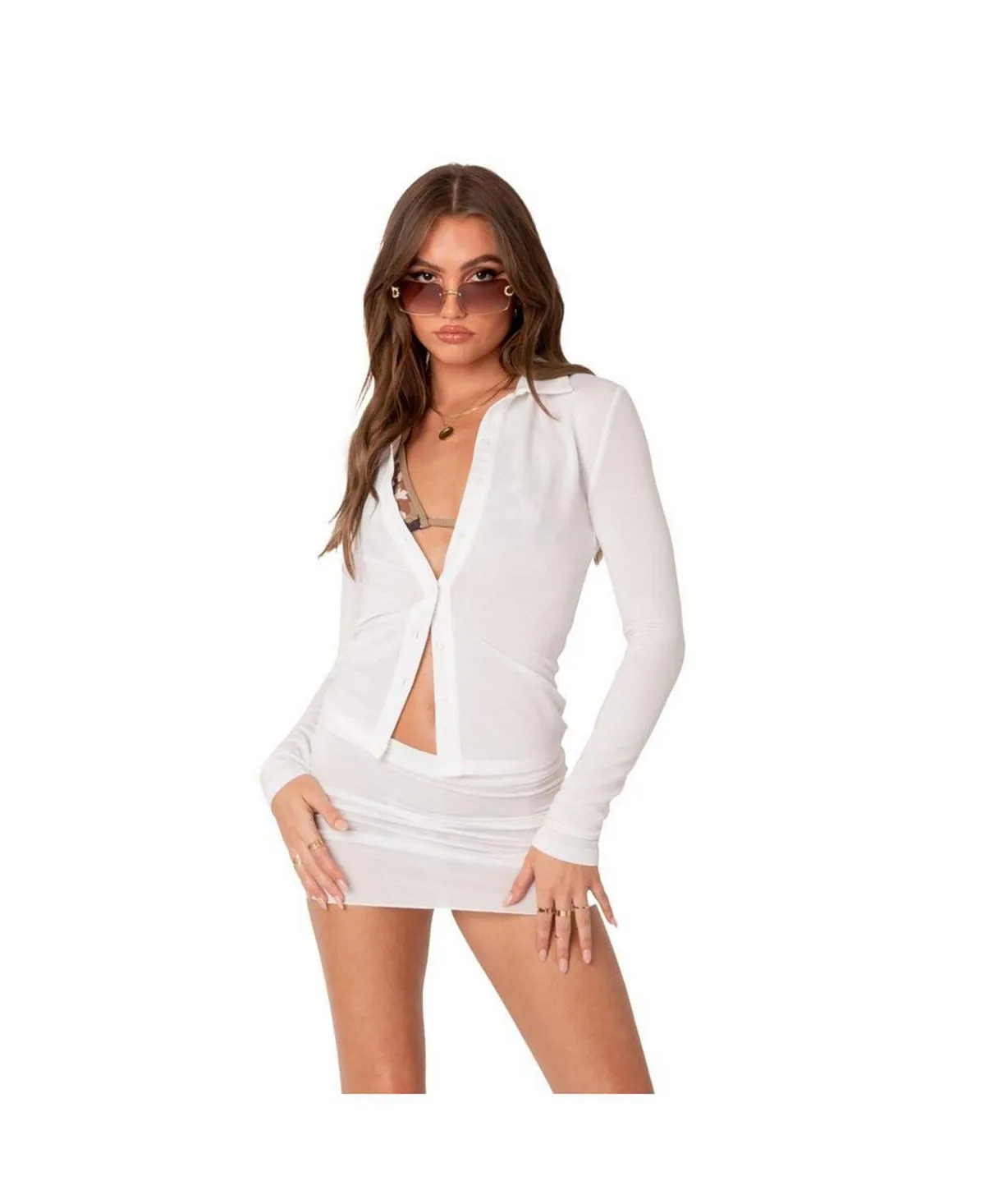 Edikted Women's Knitted Sheer Button Down Shirt, White