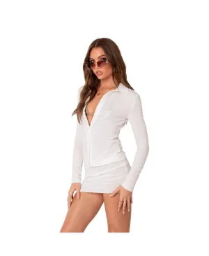 Edikted Women's Knitted Sheer Button Down Shirt, White