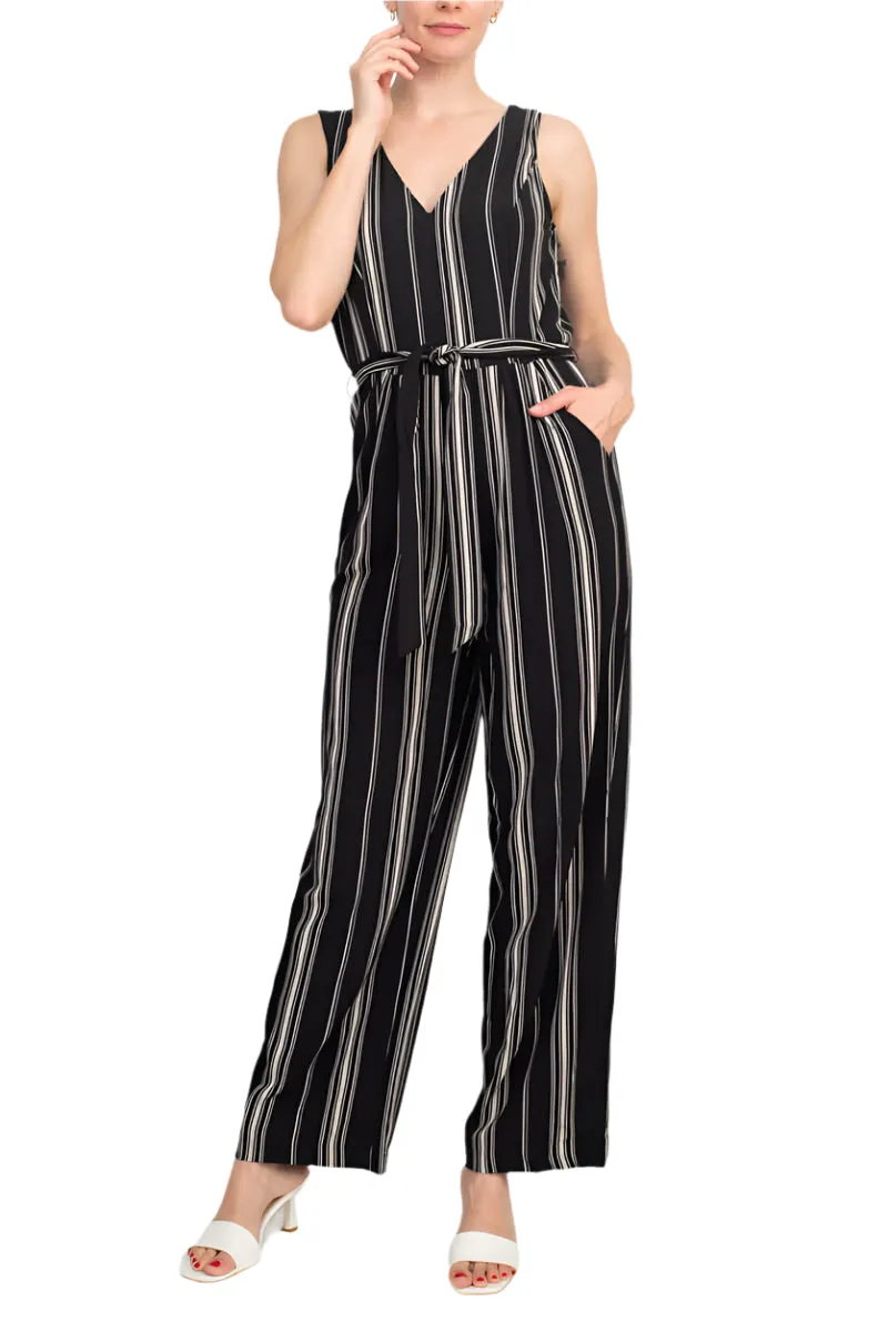 Emma Michele V-Neck Sleeveless Tie Waist Pockets Zipper Back Crepe Jumpsuit