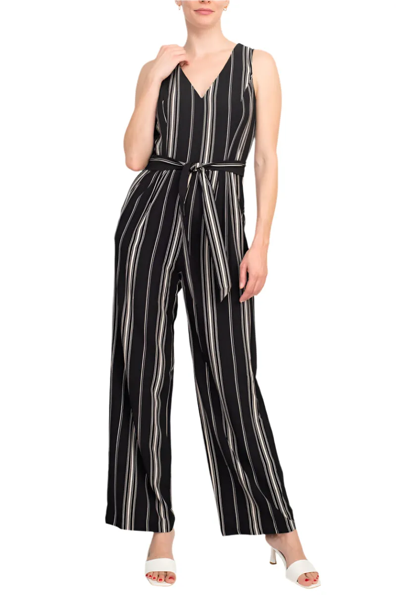 Emma Michele V-Neck Sleeveless Tie Waist Pockets Zipper Back Crepe Jumpsuit