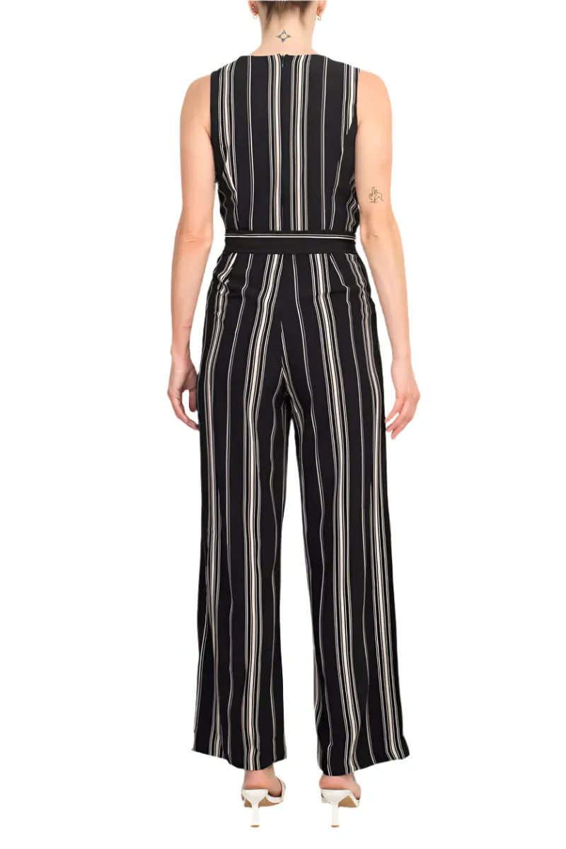 Emma Michele V-Neck Sleeveless Tie Waist Pockets Zipper Back Crepe Jumpsuit