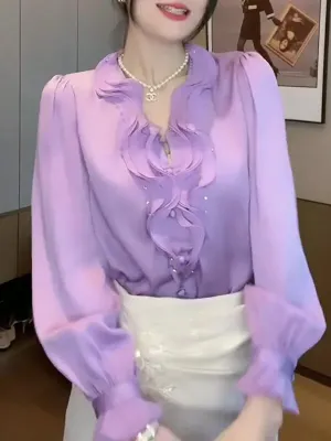 Fashion Casual Ruffles Spliced V-Neck Shirt for Female Elegant All-match Solid Color Long Sleeve Blouse Spring Women's Clothing