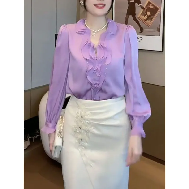 Fashion Casual Ruffles Spliced V-Neck Shirt for Female Elegant All-match Solid Color Long Sleeve Blouse Spring Women's Clothing