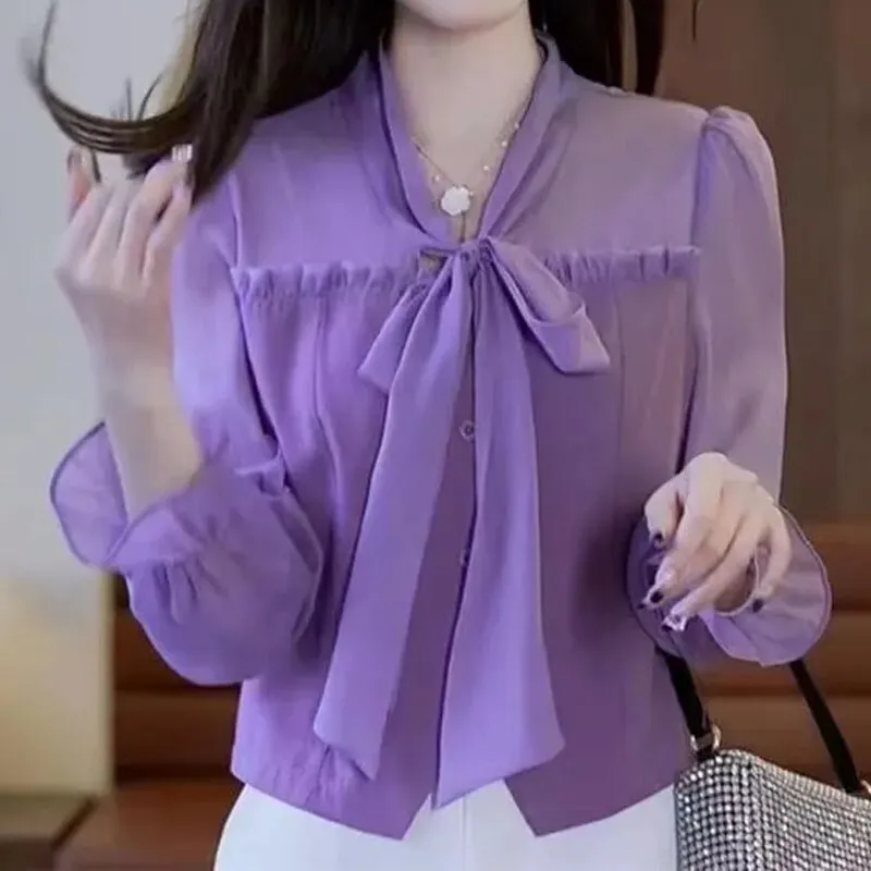 Fashion Casual Ruffles Spliced V-Neck Shirt for Female Elegant All-match Solid Color Long Sleeve Blouse Spring Women's Clothing