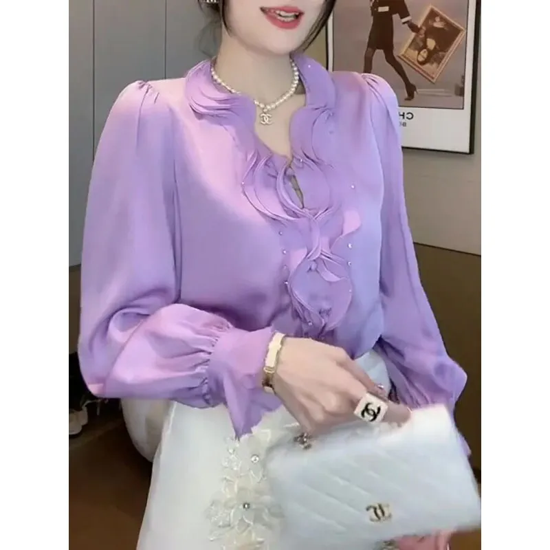 Fashion Casual Ruffles Spliced V-Neck Shirt for Female Elegant All-match Solid Color Long Sleeve Blouse Spring Women's Clothing