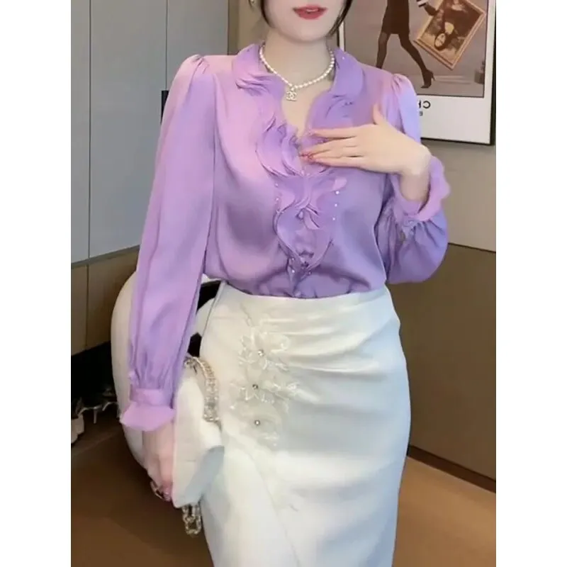 Fashion Casual Ruffles Spliced V-Neck Shirt for Female Elegant All-match Solid Color Long Sleeve Blouse Spring Women's Clothing