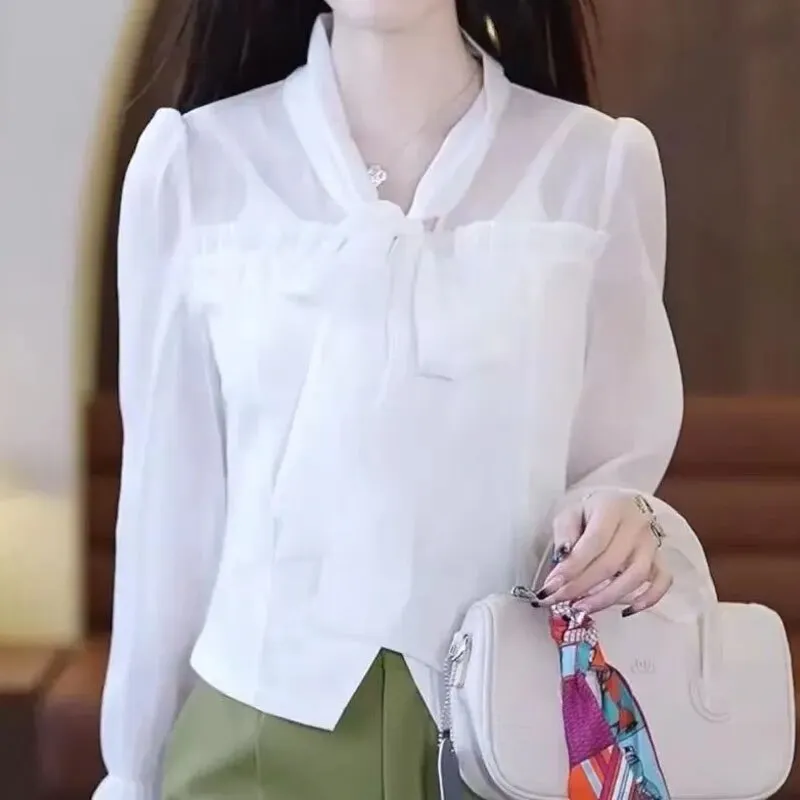 Fashion Casual Ruffles Spliced V-Neck Shirt for Female Elegant All-match Solid Color Long Sleeve Blouse Spring Women's Clothing