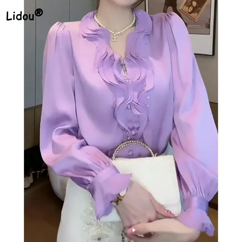 Fashion Casual Ruffles Spliced V-Neck Shirt for Female Elegant All-match Solid Color Long Sleeve Blouse Spring Women's Clothing