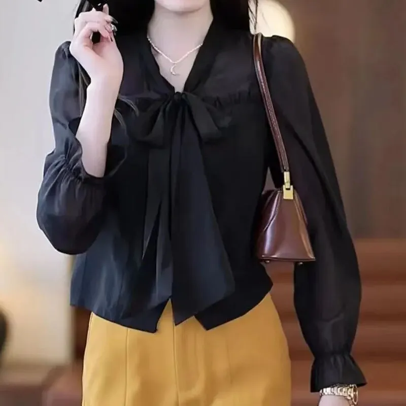 Fashion Casual Ruffles Spliced V-Neck Shirt for Female Elegant All-match Solid Color Long Sleeve Blouse Spring Women's Clothing