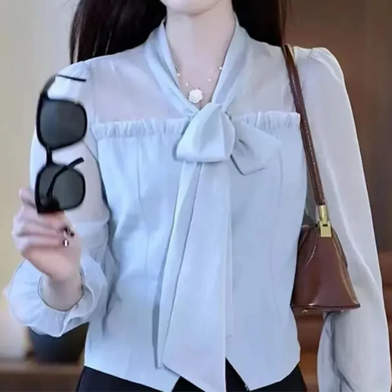 Fashion Casual Ruffles Spliced V-Neck Shirt for Female Elegant All-match Solid Color Long Sleeve Blouse Spring Women's Clothing