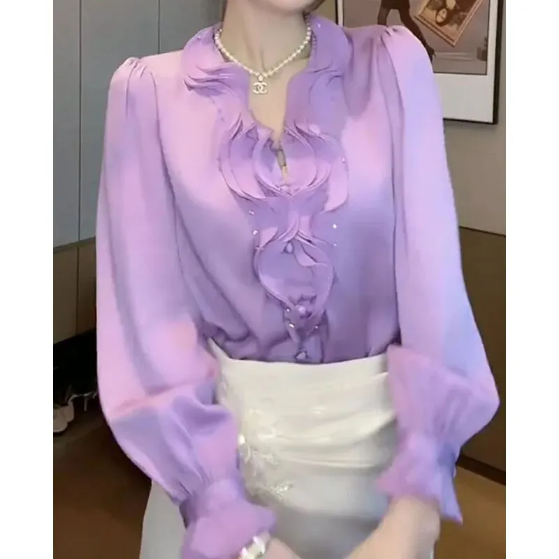 Fashion Casual Ruffles Spliced V-Neck Shirt for Female Elegant All-match Solid Color Long Sleeve Blouse Spring Women's Clothing