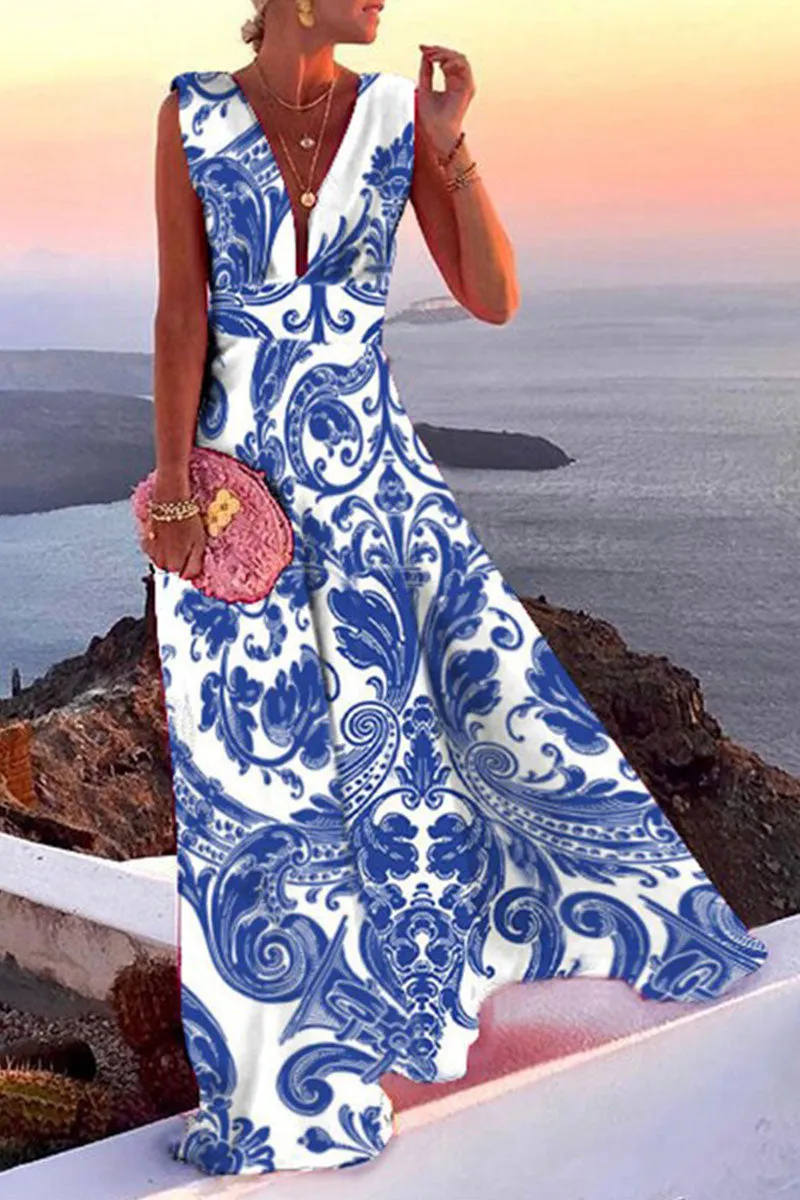 Fashion Simplicity Print V Neck A Line Dresses(4 colors)