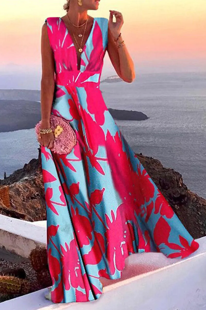 Fashion Simplicity Print V Neck A Line Dresses(4 colors)