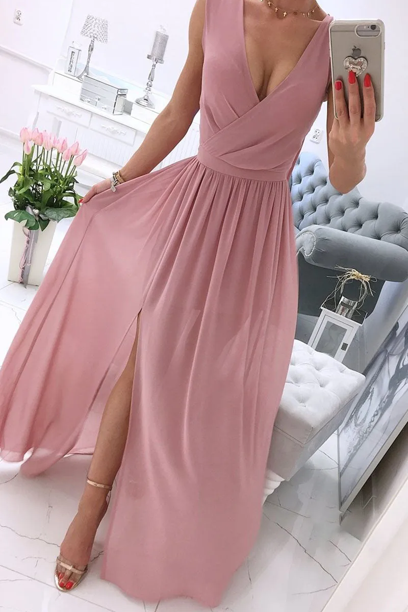 Fashion Street Solid V Neck A Line Dresses(5 Colors)
