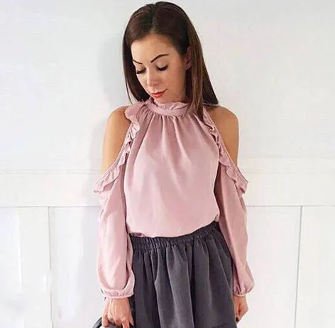 Fashion Women Casual Loose Chiffon Tops Blouses 2018 New Arrival spring summer Long Sleeves Strapless Burgundy Pink Shirt Blusas