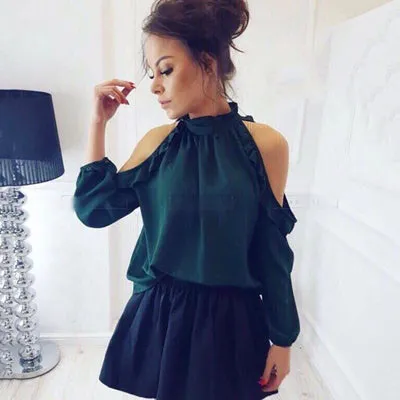 Fashion Women Casual Loose Chiffon Tops Blouses 2018 New Arrival spring summer Long Sleeves Strapless Burgundy Pink Shirt Blusas