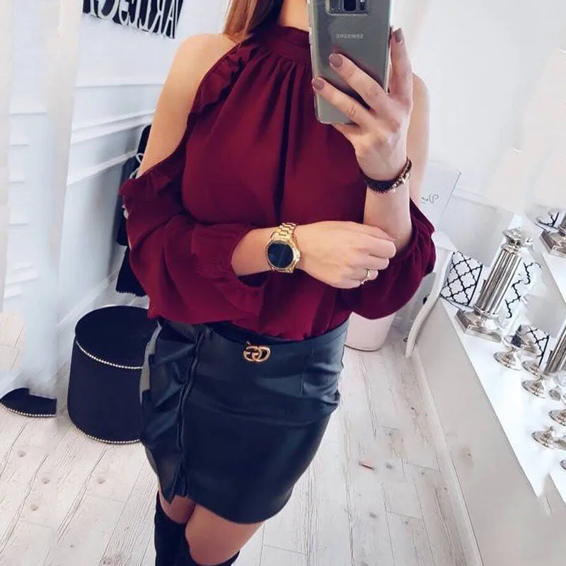 Fashion Women Casual Loose Chiffon Tops Blouses 2018 New Arrival spring summer Long Sleeves Strapless Burgundy Pink Shirt Blusas