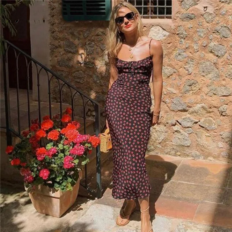 Floral Bohemian Empire Waist Long Dress with Spaghetti Straps