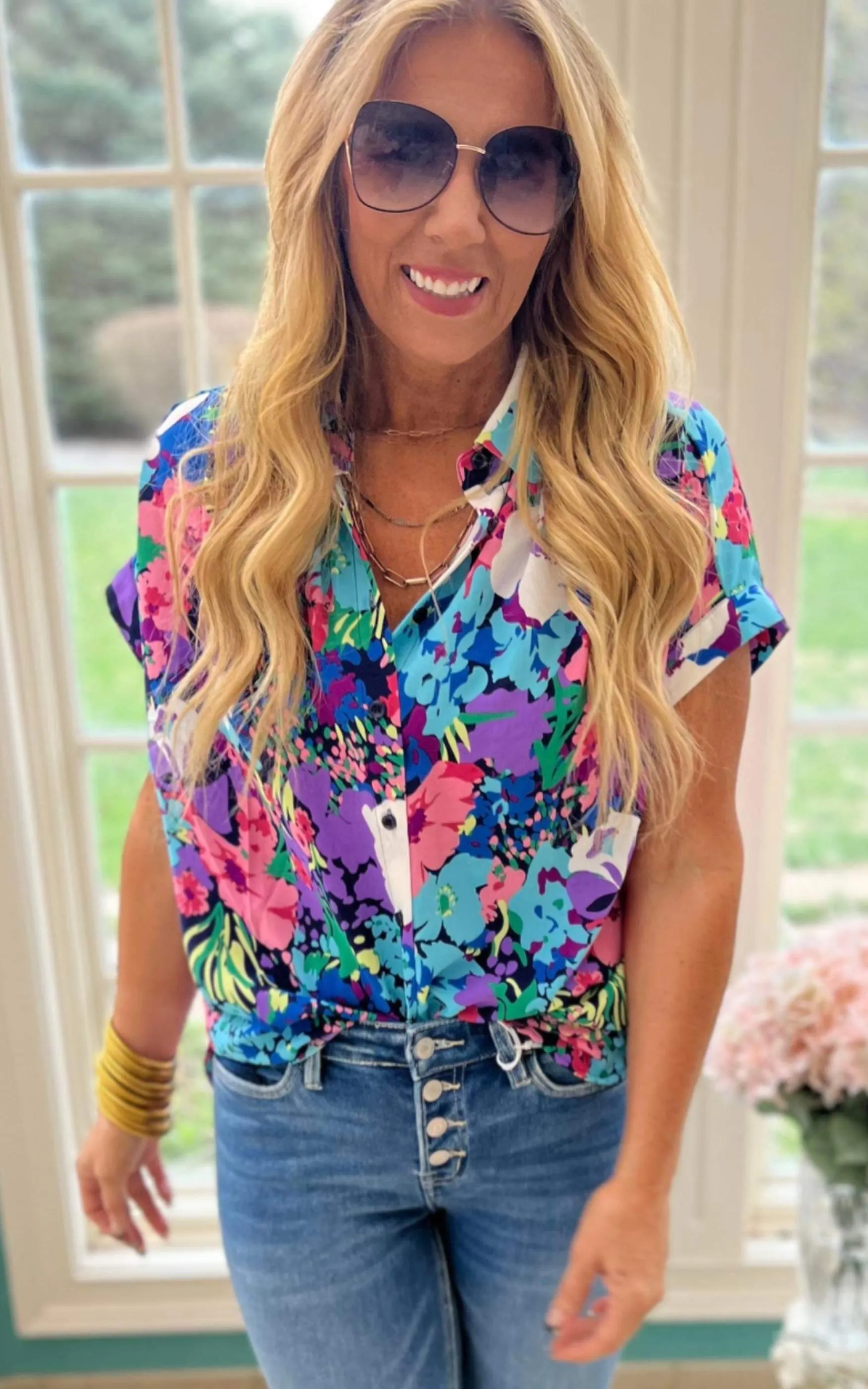 Floral Print Collared Button-Up Top - Final Sale