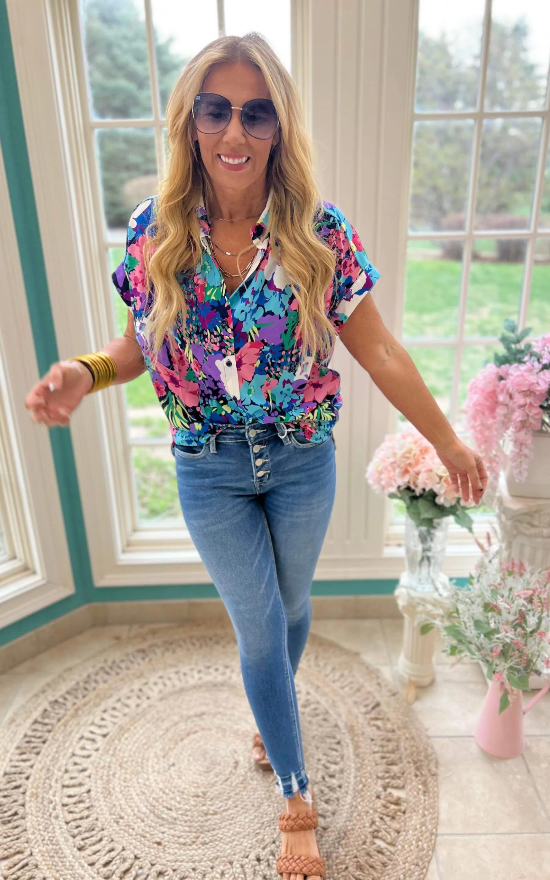 Floral Print Collared Button-Up Top - Final Sale