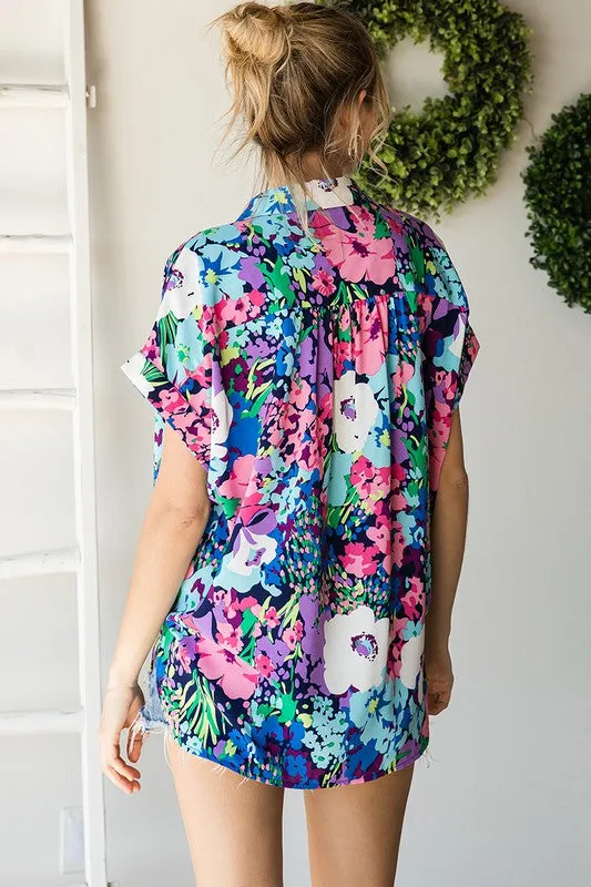 Floral Print Collared Button-Up Top - Final Sale