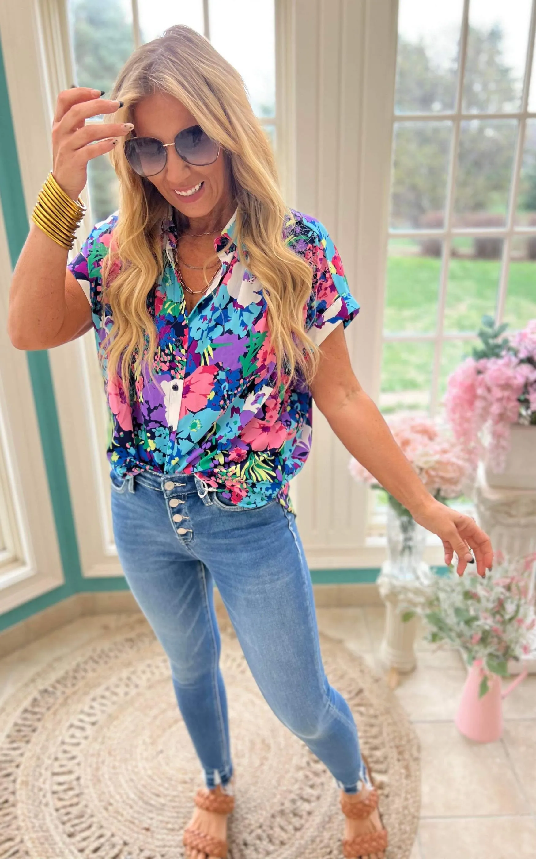 Floral Print Collared Button-Up Top - Final Sale