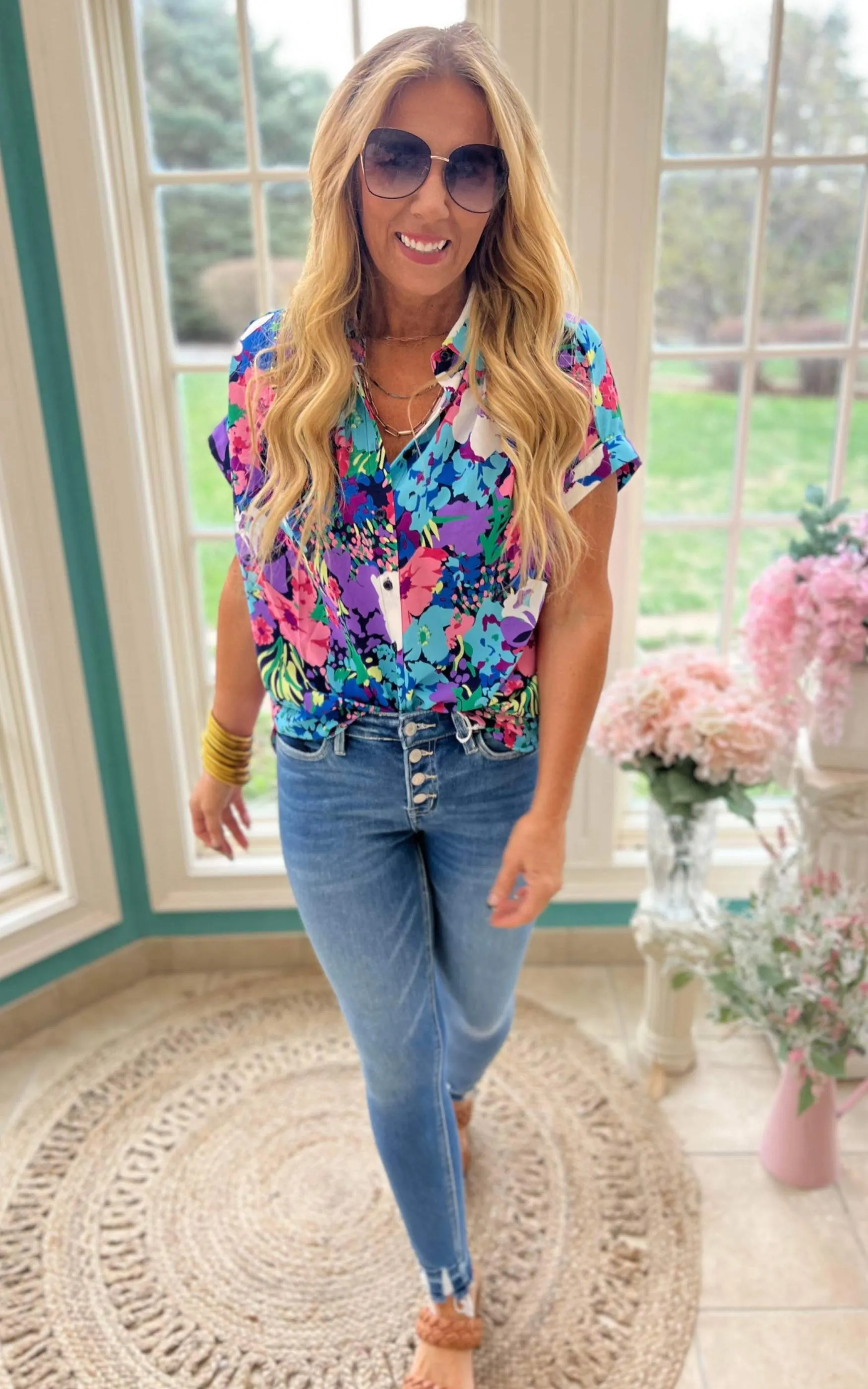 Floral Print Collared Button-Up Top - Final Sale
