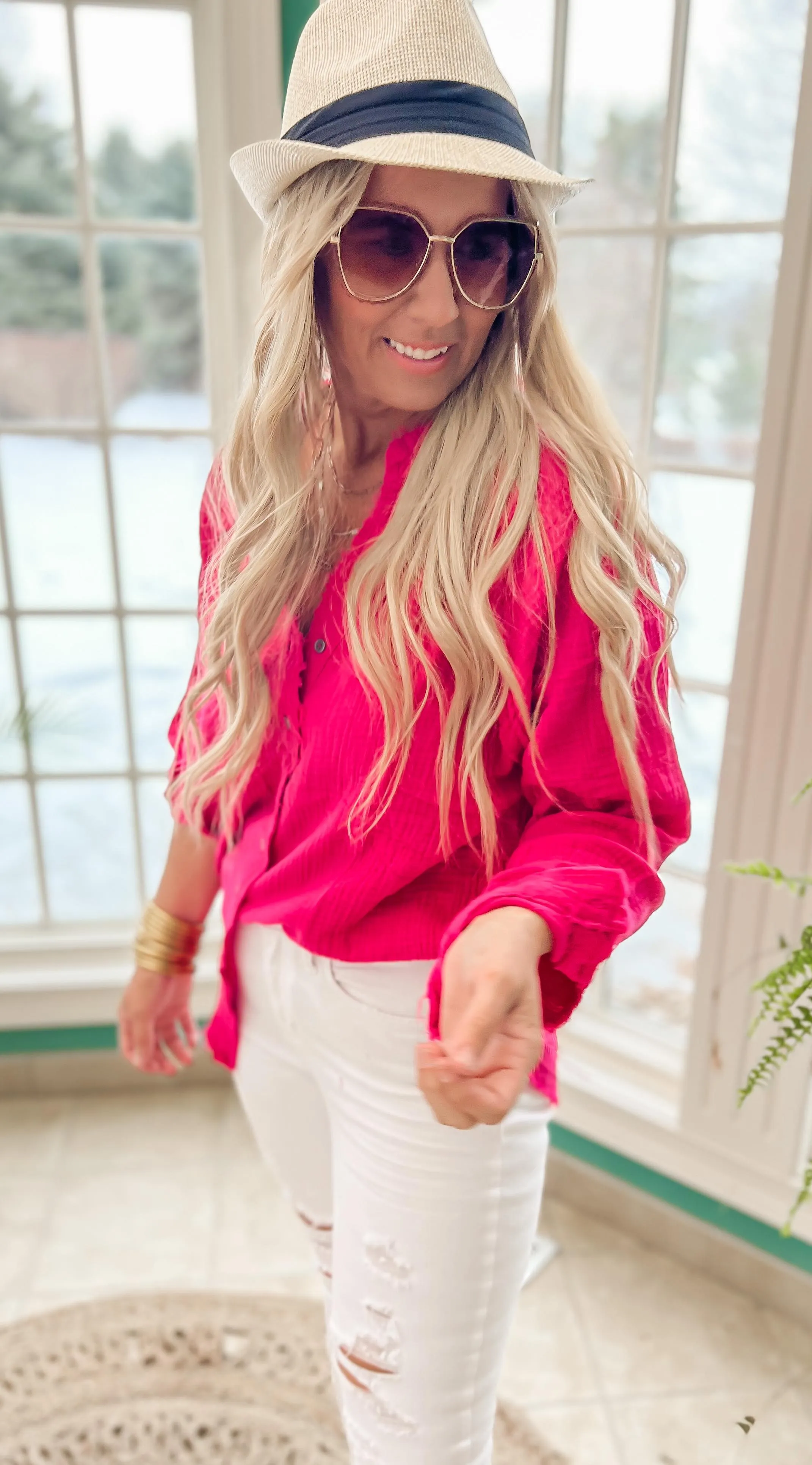 Gauze Long Sleeve Button Up Top