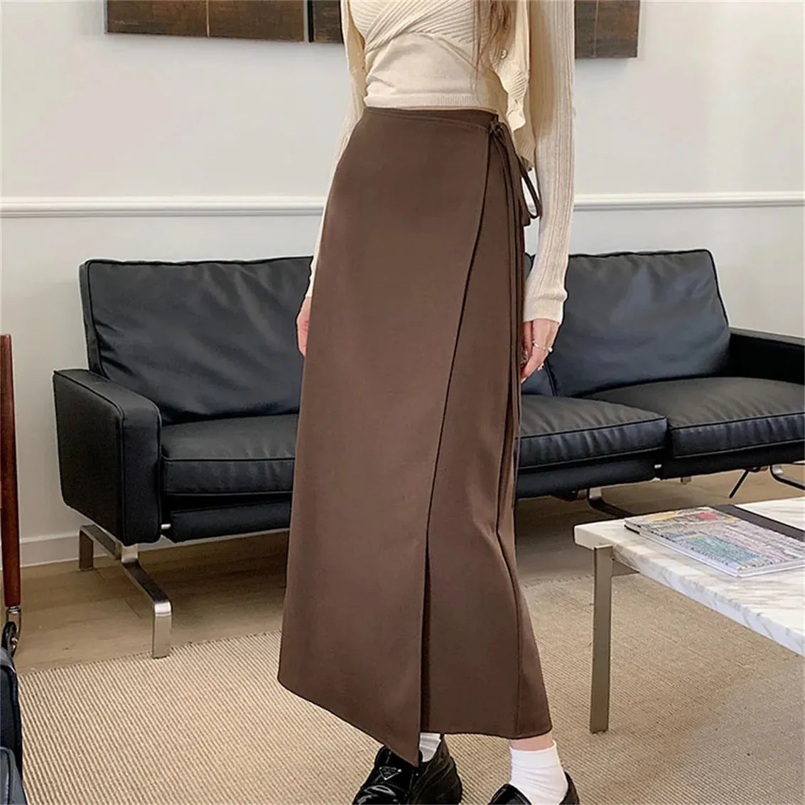 Girlary New Slim Mid-Length Skirts Women Autumn Chic Office Lady High Waist Casual Camping Solid Work Wear Gentle Bodycon