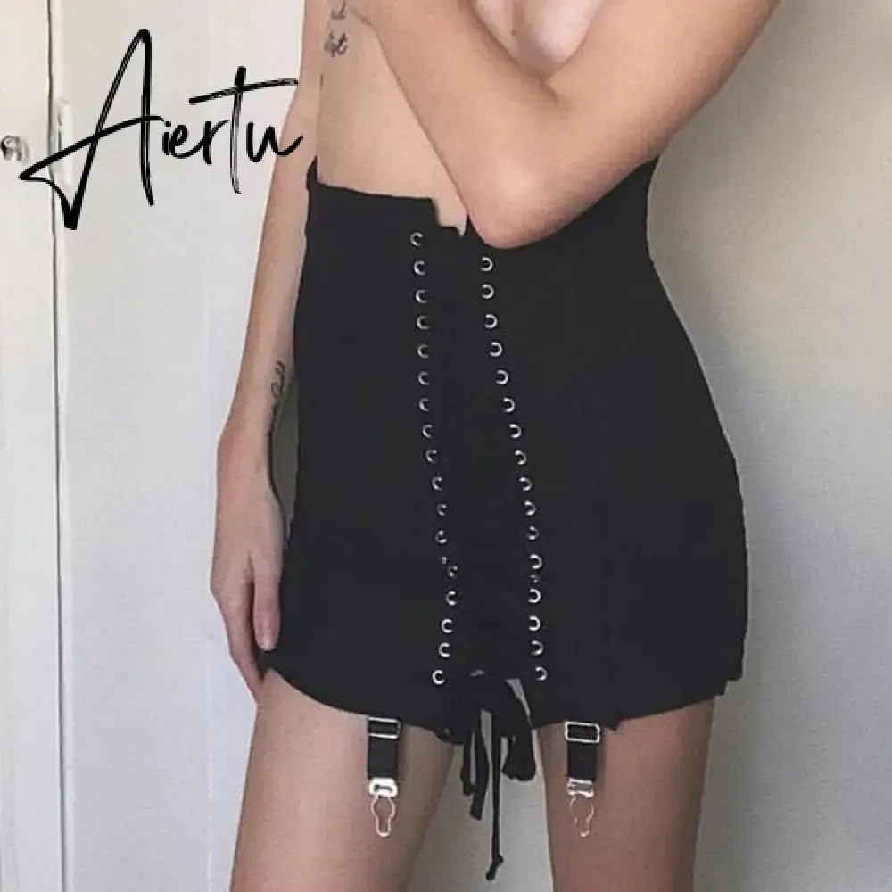 Gothic Y2K Vintage Mini Skirt Women Punk Patchwork Summer High Waist Skirt Bodycon Eyelet Lace Up Aesthetic Sexy Skirts
