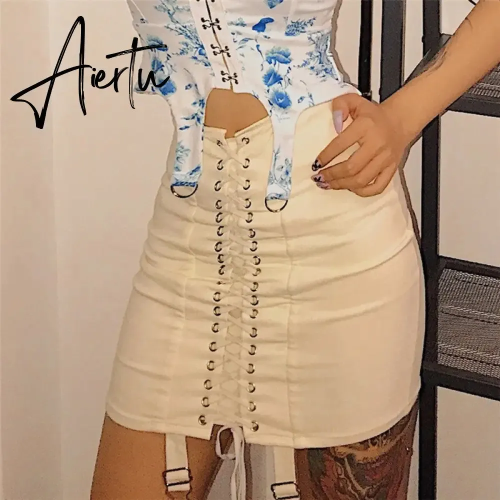 Gothic Y2K Vintage Mini Skirt Women Punk Patchwork Summer High Waist Skirt Bodycon Eyelet Lace Up Aesthetic Sexy Skirts