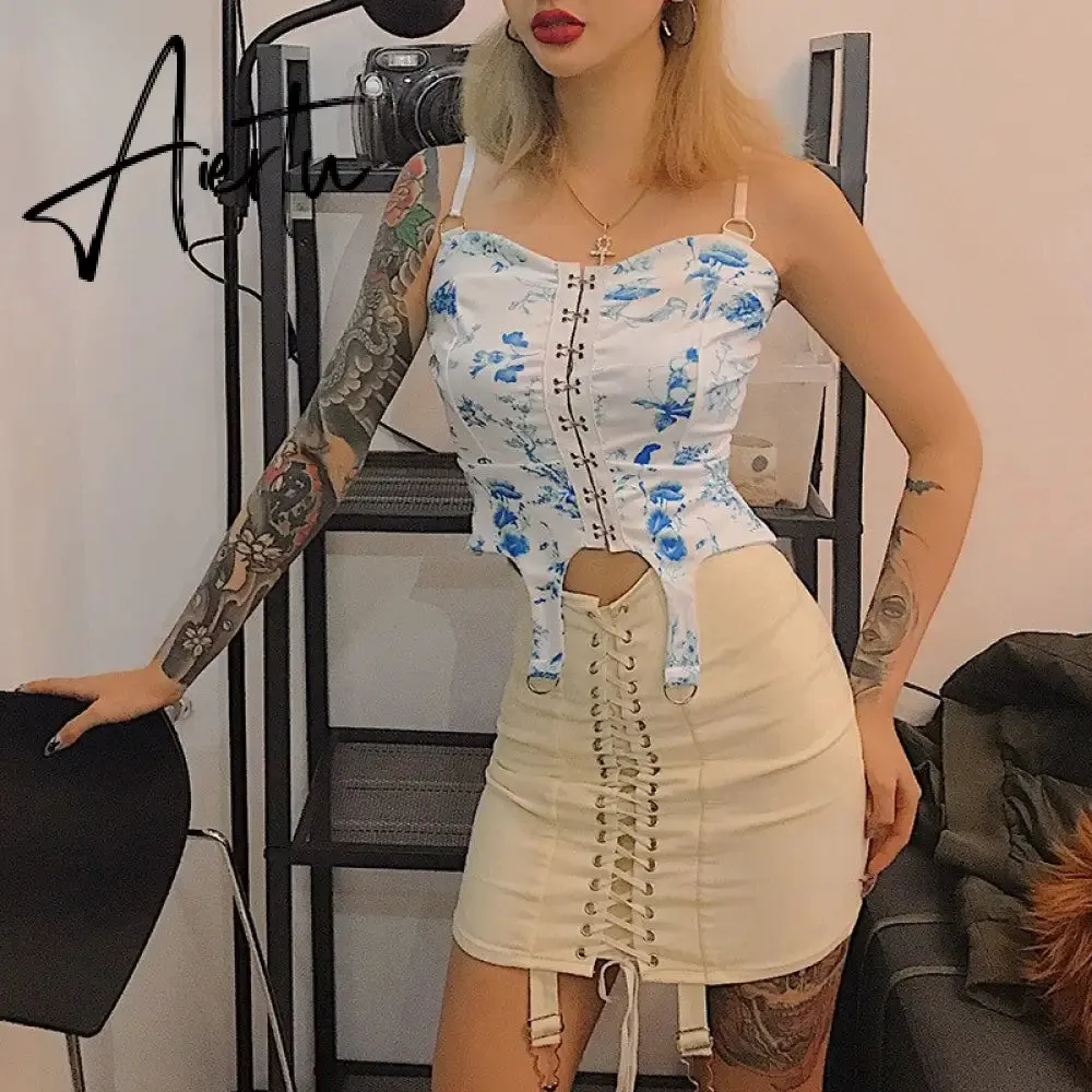 Gothic Y2K Vintage Mini Skirt Women Punk Patchwork Summer High Waist Skirt Bodycon Eyelet Lace Up Aesthetic Sexy Skirts