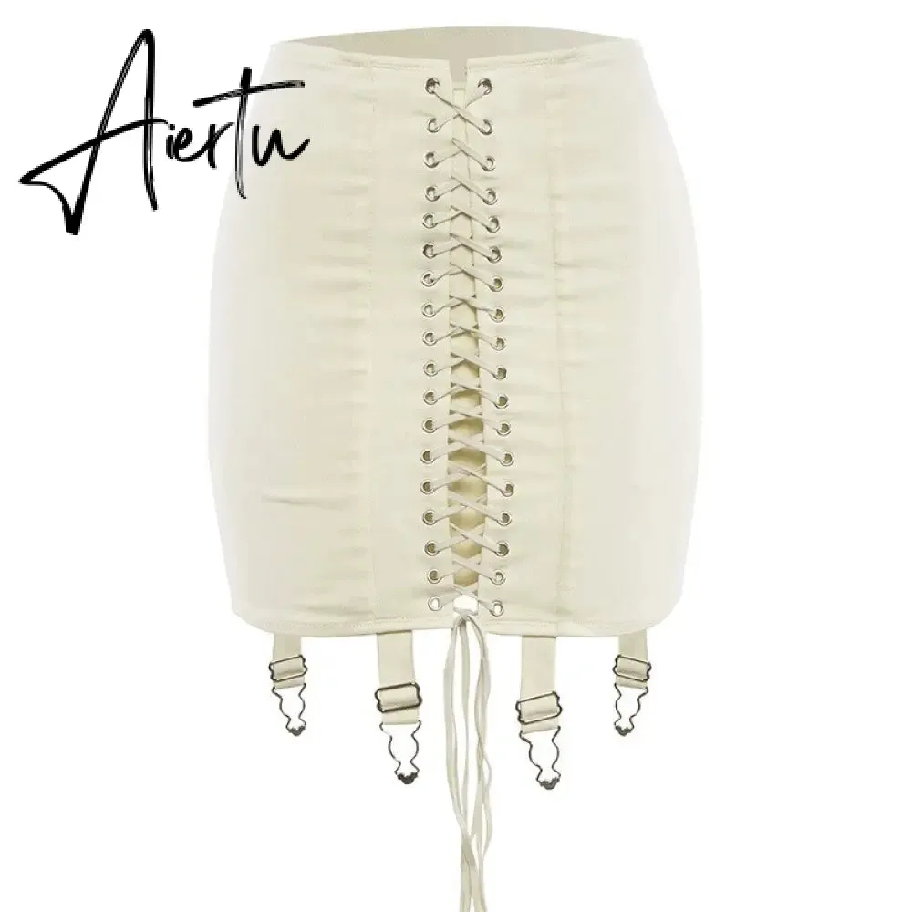 Gothic Y2K Vintage Mini Skirt Women Punk Patchwork Summer High Waist Skirt Bodycon Eyelet Lace Up Aesthetic Sexy Skirts