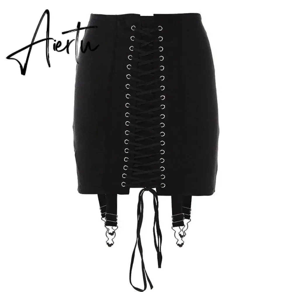 Gothic Y2K Vintage Mini Skirt Women Punk Patchwork Summer High Waist Skirt Bodycon Eyelet Lace Up Aesthetic Sexy Skirts