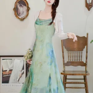Graceful A-line Strappy Dress Featuring a Stunning Gradient Print