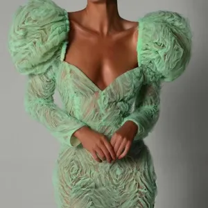 Green floral puff sleeve bodycon dress