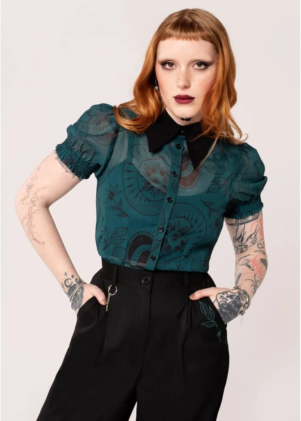 Hell Bunny Venom Snake 40's Blouse Green
