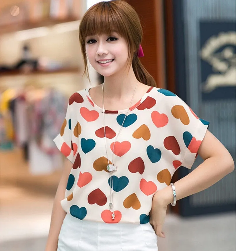 High Heart Printed Women Blouses Short Sleeve Chiffon Blouse Plus Size Tops Shirt Women