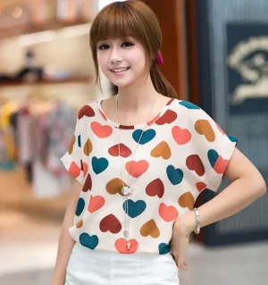 High Heart Printed Women Blouses Short Sleeve Chiffon Blouse Plus Size Tops Shirt Women