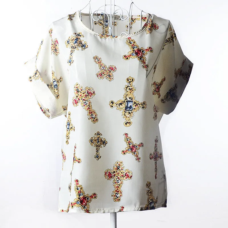 High Heart Printed Women Blouses Short Sleeve Chiffon Blouse Plus Size Tops Shirt Women