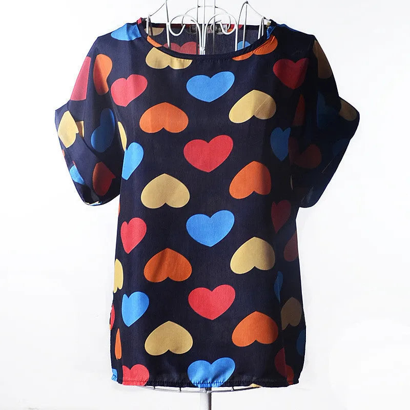 High Heart Printed Women Blouses Short Sleeve Chiffon Blouse Plus Size Tops Shirt Women