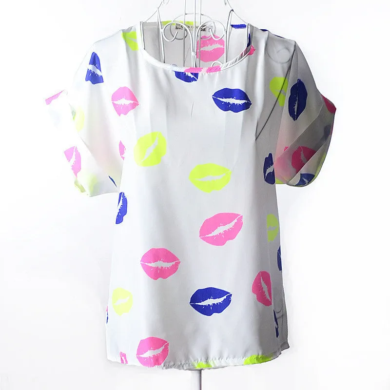 High Heart Printed Women Blouses Short Sleeve Chiffon Blouse Plus Size Tops Shirt Women