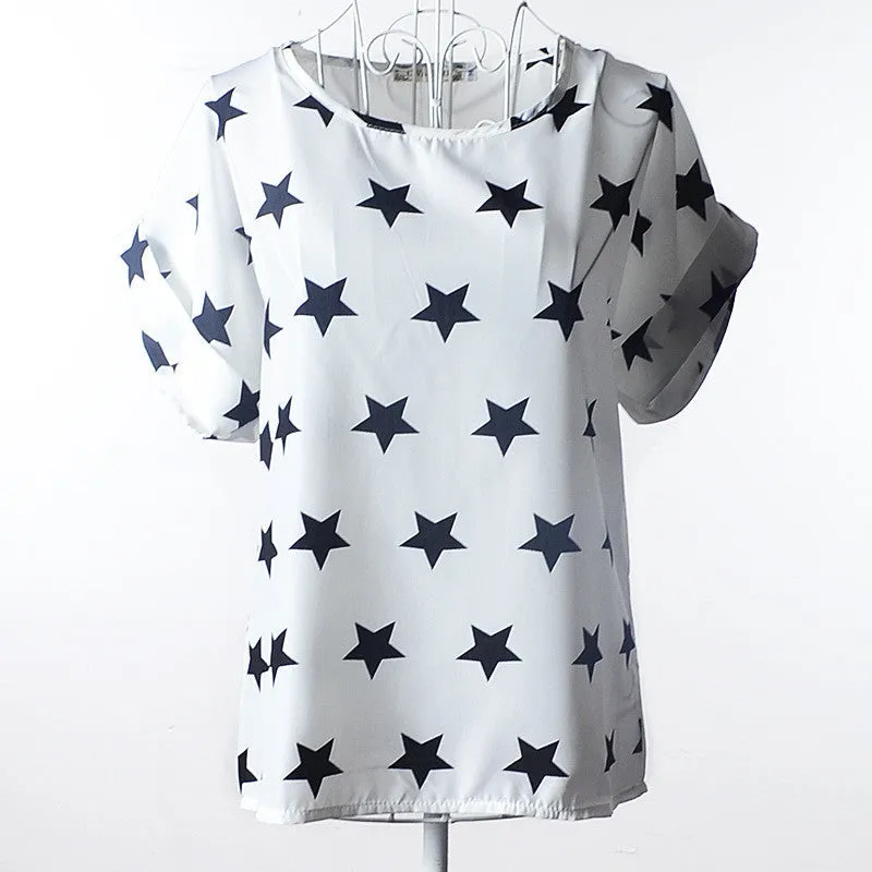 High Heart Printed Women Blouses Short Sleeve Chiffon Blouse Plus Size Tops Shirt Women