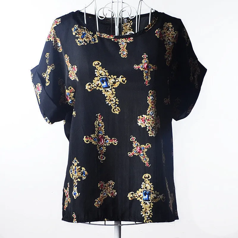 High Heart Printed Women Blouses Short Sleeve Chiffon Blouse Plus Size Tops Shirt Women