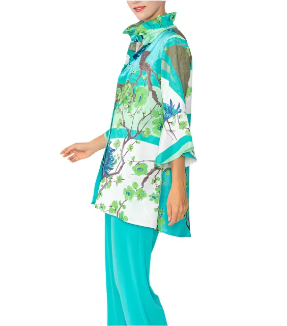 IC Collection "Mixed Blossoms" High-Low Shirt in Turquoise - 6137T