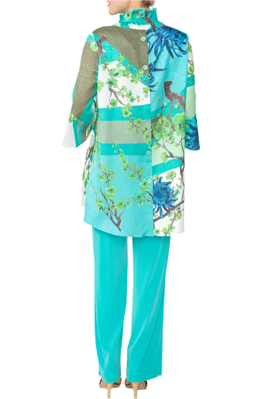 IC Collection "Mixed Blossoms" High-Low Shirt in Turquoise - 6137T