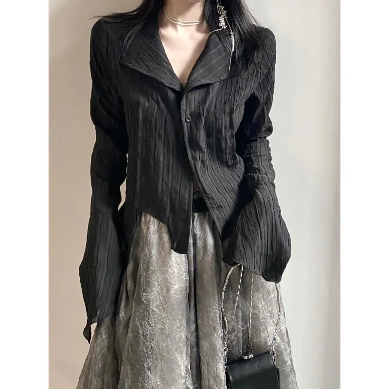 Irregular Striped Long Sleeve Button Down Blouse